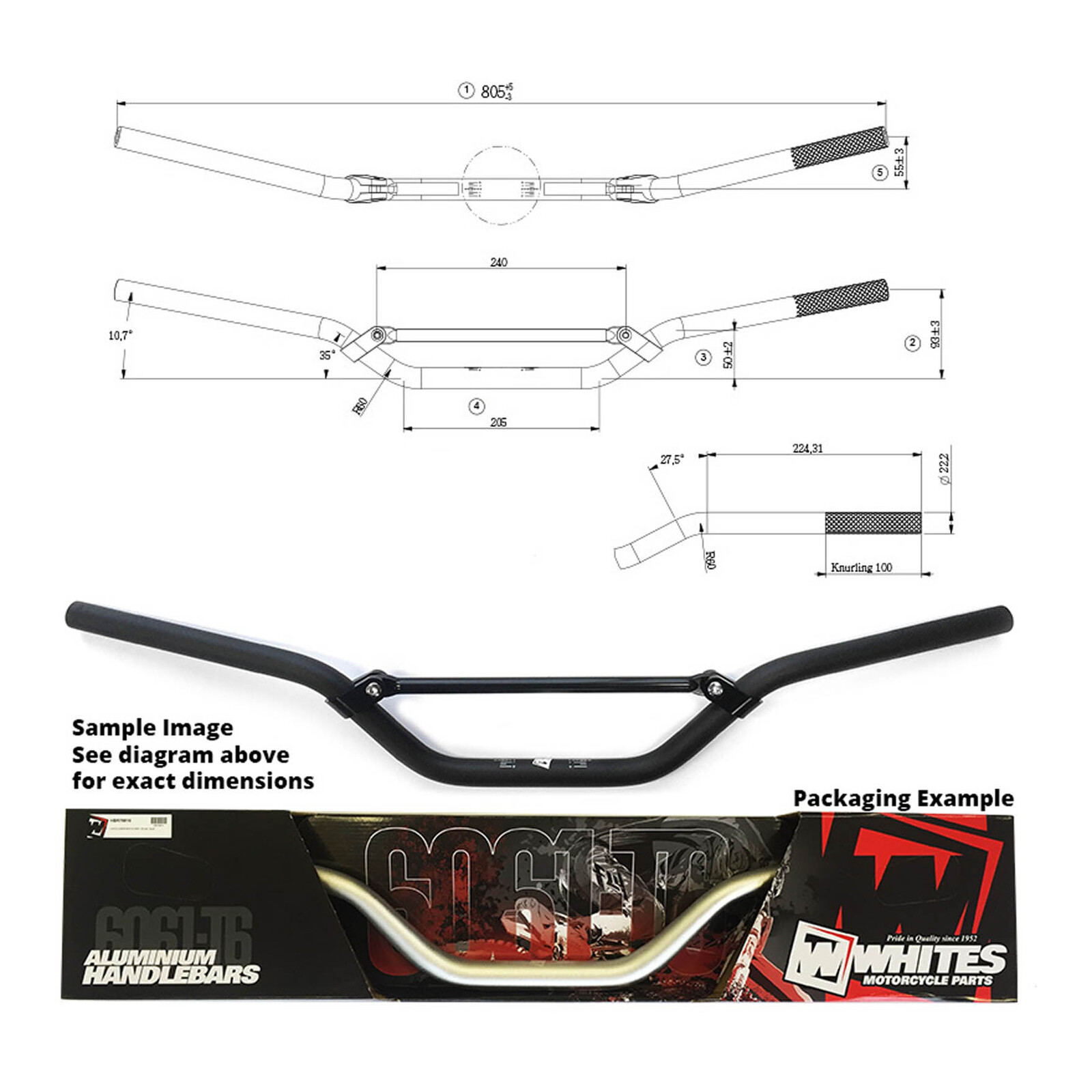 WHITES HANDLEBARS ALLOY 6061 7/8 (22.2MM) KX/KXF/RMZ BLK